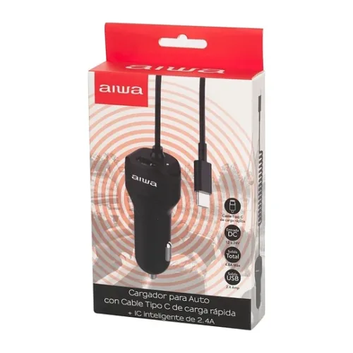 Cargador para Auto con cable Tipo C Carga Rapida AIWA Con Puerto USB Adicional - Imagen 2