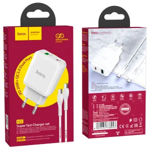 Cargador Hoco casa N5 certificado PD20w QC3.0 con cable tipo C a tipo C blanco