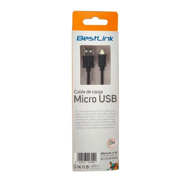 Cable de carga Bestlink de 2,4Amp micro USB color negro de 2 metros