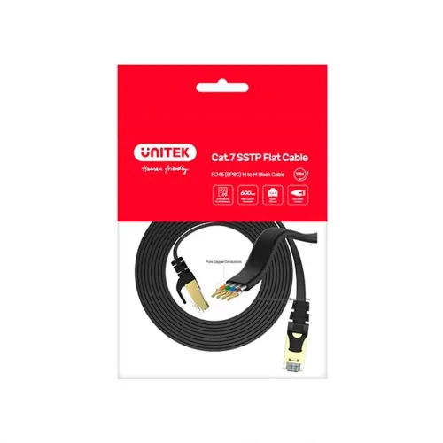 Cable Flat Patch Cord Cat7 10mts, Conector Metálico, Negro, C1897BK-10m Unitek