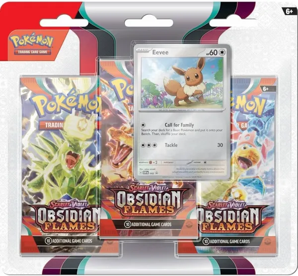 Pokémon TCG – Escarlata y Violeta – Pack de 3 Boosters de Llamas Obsidianas Evoli y Tomberro Ingles.