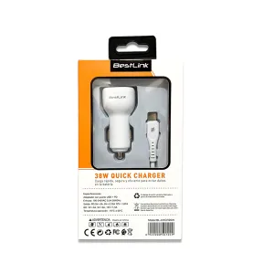 Cargador de auto QC+PD20W c/cable USB C color blanco / Mod. BestLink CHCR20W