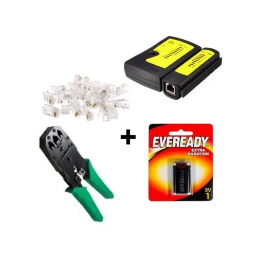 Pack Crimpadora RJ-45 + Tester UTP + Bateria + 100 Copla RJ-45 Plastico cat. 5E
