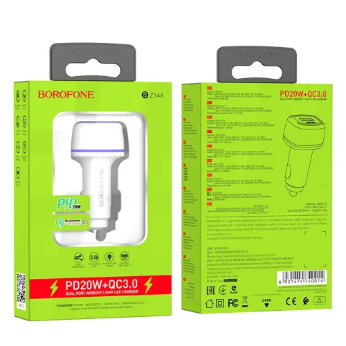 Cargador Auto Borofone BZ14A Mercury PD20W + QC3.0, Blanco