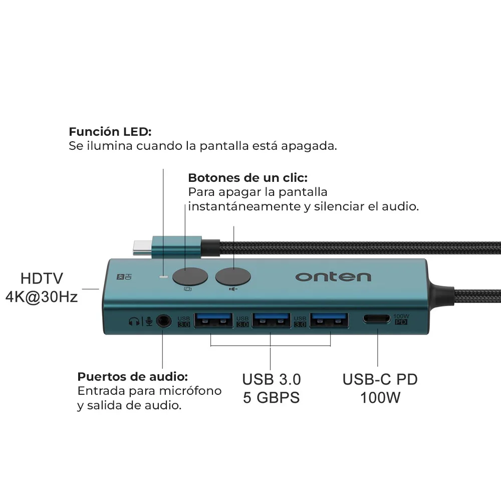 Adaptador Multipuerto HUB ONTEN USB-C 6 en 1 con Boton para Monitor / OTN-UC123+ - Imagen 2