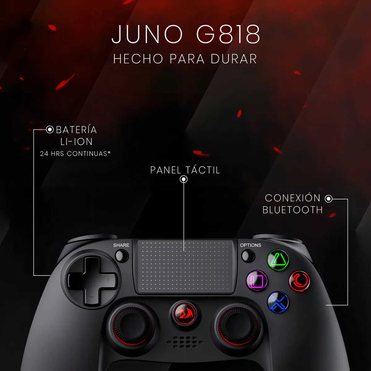 Control Joystick Gamer Redragon Juno G818 Bluetooth / Alambrico, Negro, Panel Táctil, Conector 3.5mm - Imagen 5