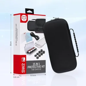 Estuche Funda para Nintendo Switch 2 – Kit de Accesorios 15 en 1 con Funda Cristal, Capsulas para Joystick, Lamina Templada y Organizador