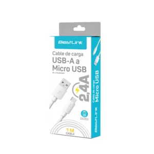 Cable cargador y sincronizador USB micro 2,4 A color blanco PVC 1 mt/ mod. BLCHCBM300