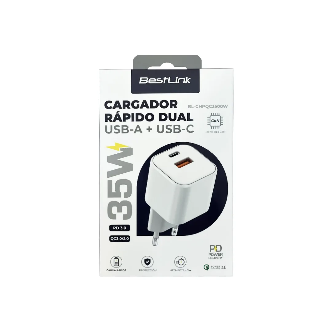 Cargador Rápido Dual USB-A + USB-C 35W GaN Mod. BL-CHPQC3500W