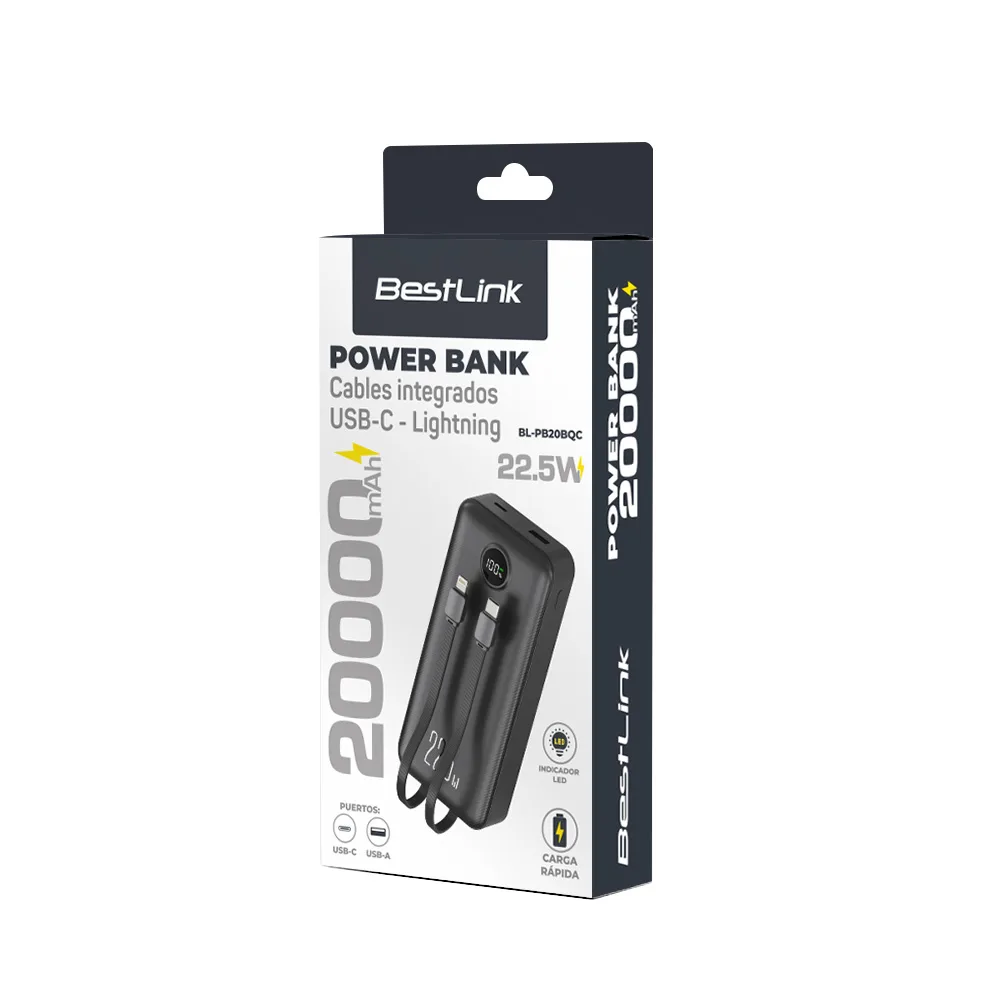 Power bank 20.000mah carga rápida 22,5W, display y 2 cables integrados color negro BL-PB20BQC