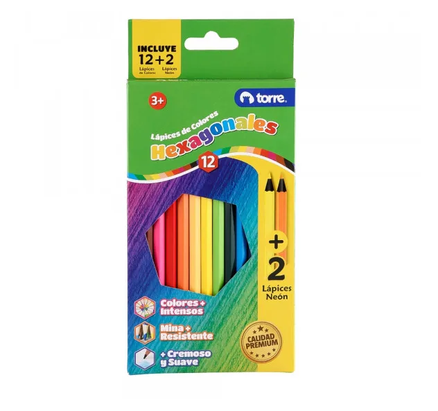 LAPICES DE COLORES 12 UN HEXAGONAL + 2 NEON TORRE
