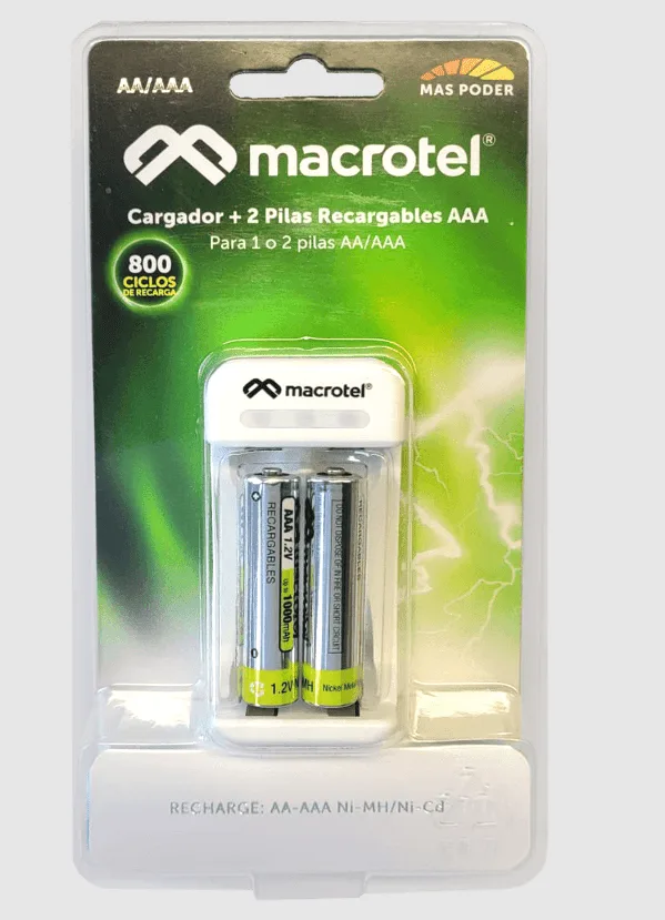 Cargador de pilas Macrotel MW-228 2 pilas recargables AAA 1000mah